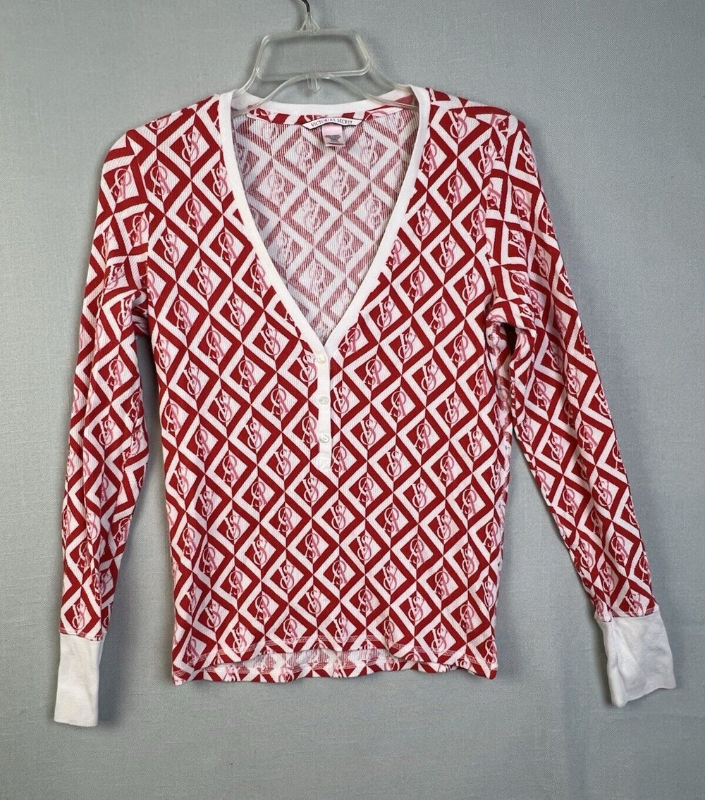Victoria's Secret Thermal Weave Top Women's Small Red Cream Lounge Comfy Warm